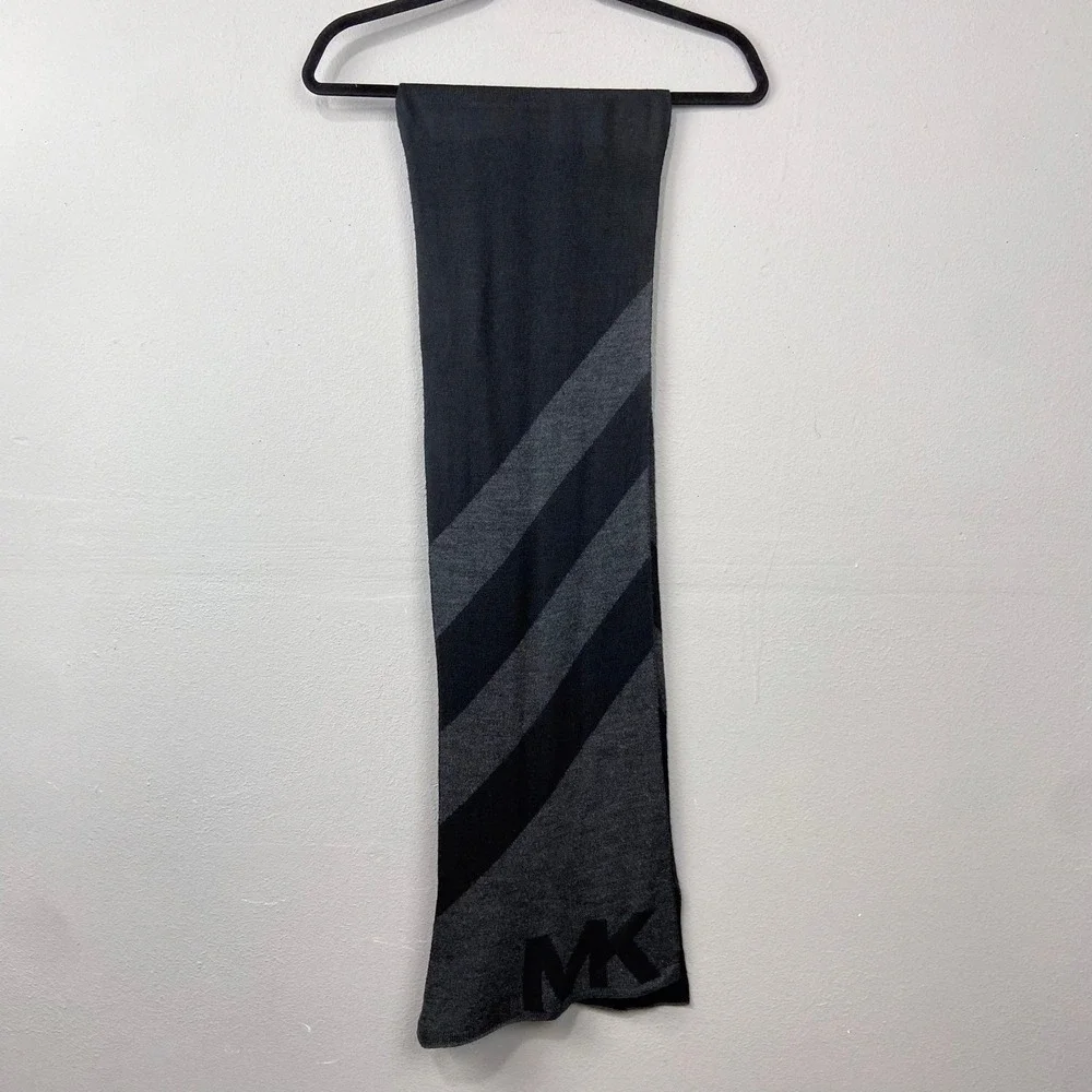 Michael Kors Scarf Charcoal Knit MK Logo Stripe Winter Unisex Urban Minimalist‎